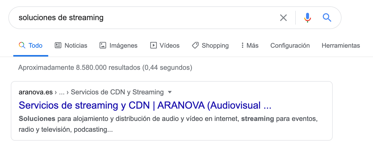 Resultado de una página de ARANOVA en las SERP de Google